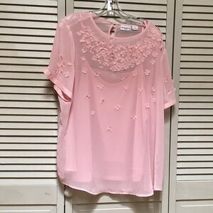 Liz Claiborne Soft Pink Sheer Floral Appliqué Blouse